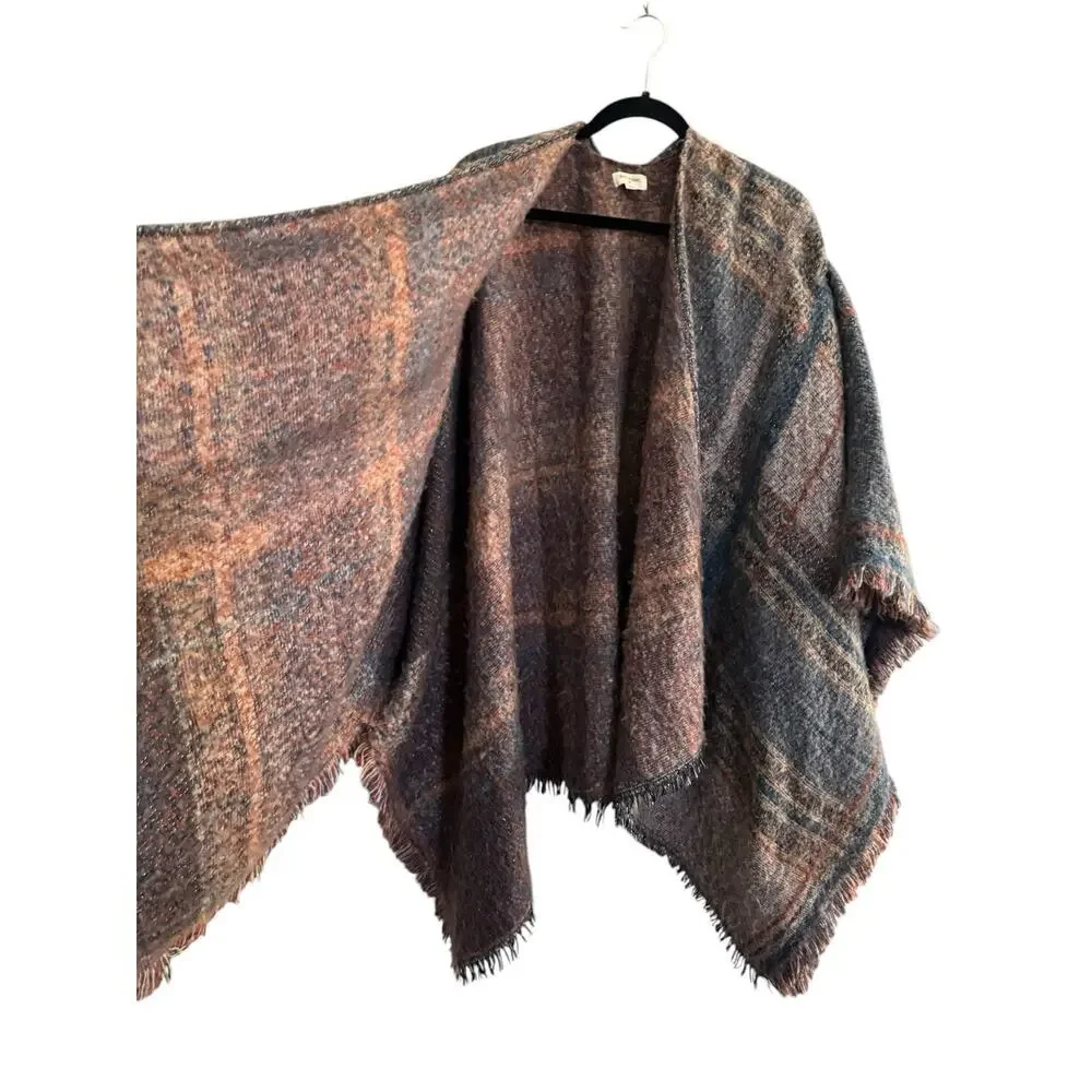 World Market Womens Open Poncho Sweater One Size Plaid Blue Silver #7398
